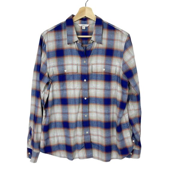 LL Bean Plaid Shirt Womens Large Cotton Button Down Top Blue‎ Tan - Picture 1 of 6